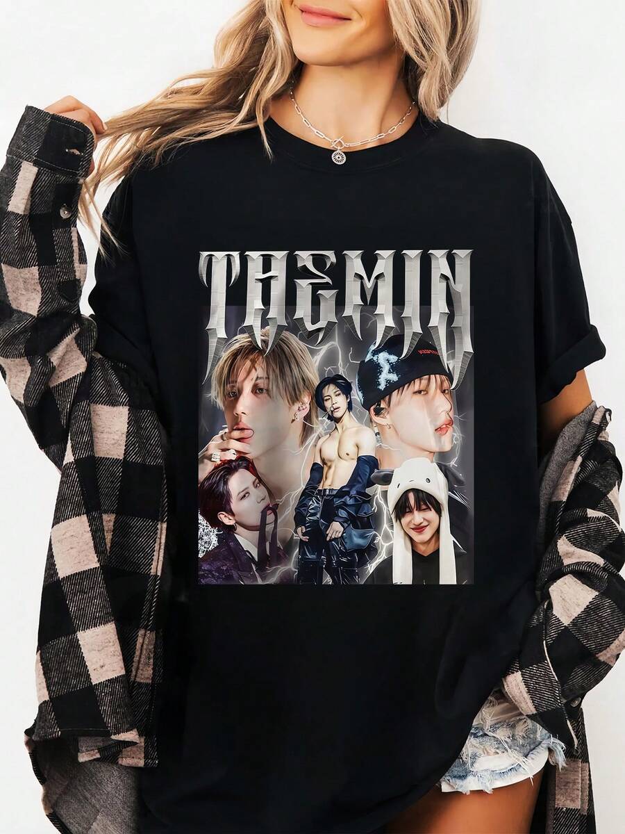 SHINee Kpop Graphic Round Neck Printed T-Shirt Fashionable Short Sleeve Sports T-Shirt For Men Comfortable And Versatile  100% Cotton 220G - màu đen - Xem 1