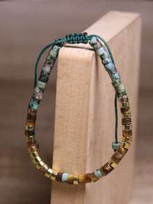 gxtbw 摩尔斯电码绿松石串珠手链 天然宝石 励志可调节男女通用波西米亚极简主义疗愈瑜伽冥想饰品 - 手鍊 - 查看 3