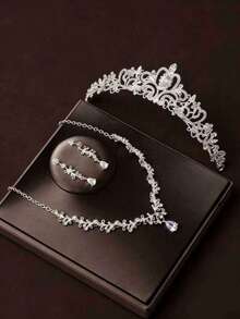 4pcs/Set Silver Crown Necklace & Earrings Bridal Wedding Jewelry Set - Silver - View 2