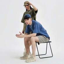 Oversized Washed Gray Short Sleeve Tee, Loose Fit Vintage Streetwear Style, Basic Summer - 藍色 - 查看 4