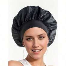 1pcs Double Layer Satin Sleeping Cap For Women Sleeping, Satin Lined For Curly Hair, Large Silk Cap, Wide Brim Silk Night Cap - màu đen - Xem 2
