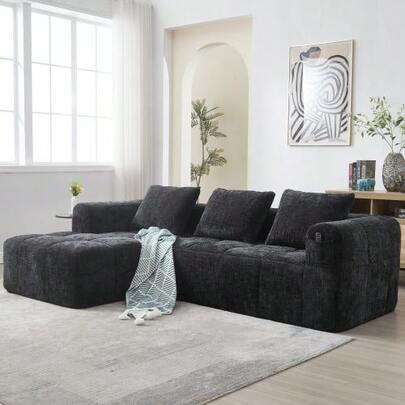 Modern Corner Sofa, L-Shaped Sofa, 3-Seater Sofa, Delivered Assembled, Chenille Sofa With Chaise Longue And Armrests, 3 Cushions, Side Pocket For Remote Control, Black