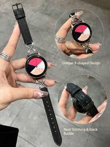 20mm Leather Quick Release Watch Band, X-Shaped Rhinestone Strap, Compatible With Samsung, , Watches, Suitable For Men And Women - Black - View 6