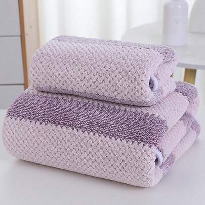 男女通用家庭套装柔软珊瑚绒吸水撞色菠萝图案浴巾/沙滩巾