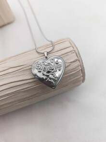 1件复古不锈钢花树条纹心形吊坠，男女通用日常佩戴，情侣款 - 銀色 - 查看 9