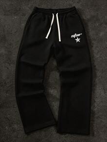 Men's Street Style Star & Letter Print Drawstring Waist Wide Leg Sweatpants - 黑色 - 查看 1