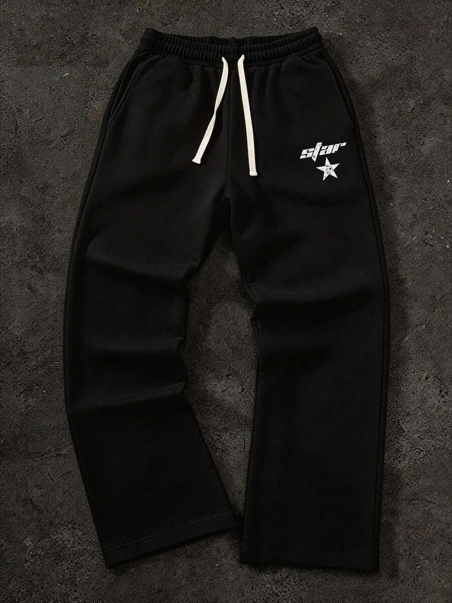 Men's Street Style Star & Letter Print Drawstring Waist Wide Leg Sweatpants - 黑色 - 查看 1