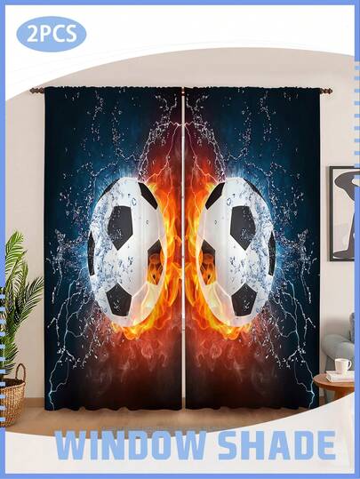 2 Panels Football Flame Curtains Soccer Ball Blackout Curtains, Rod Pocket Window Drapes, Suitable For Living Room Kitchen Bedroom Study Home Decor