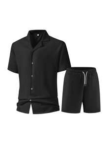 2 piezas Conjunto casual de hombre, camisa polo de manga corta de unicolor combinada con pantalones cortos de cintura elástica, adecuado para uso diario y vacaciones de verano - Negro - Ver 4