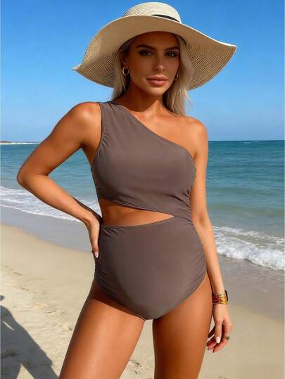 Maternity One-Shoulder One-Piece Swimsuit - Solid-Color, Form-Fitting Swimwear