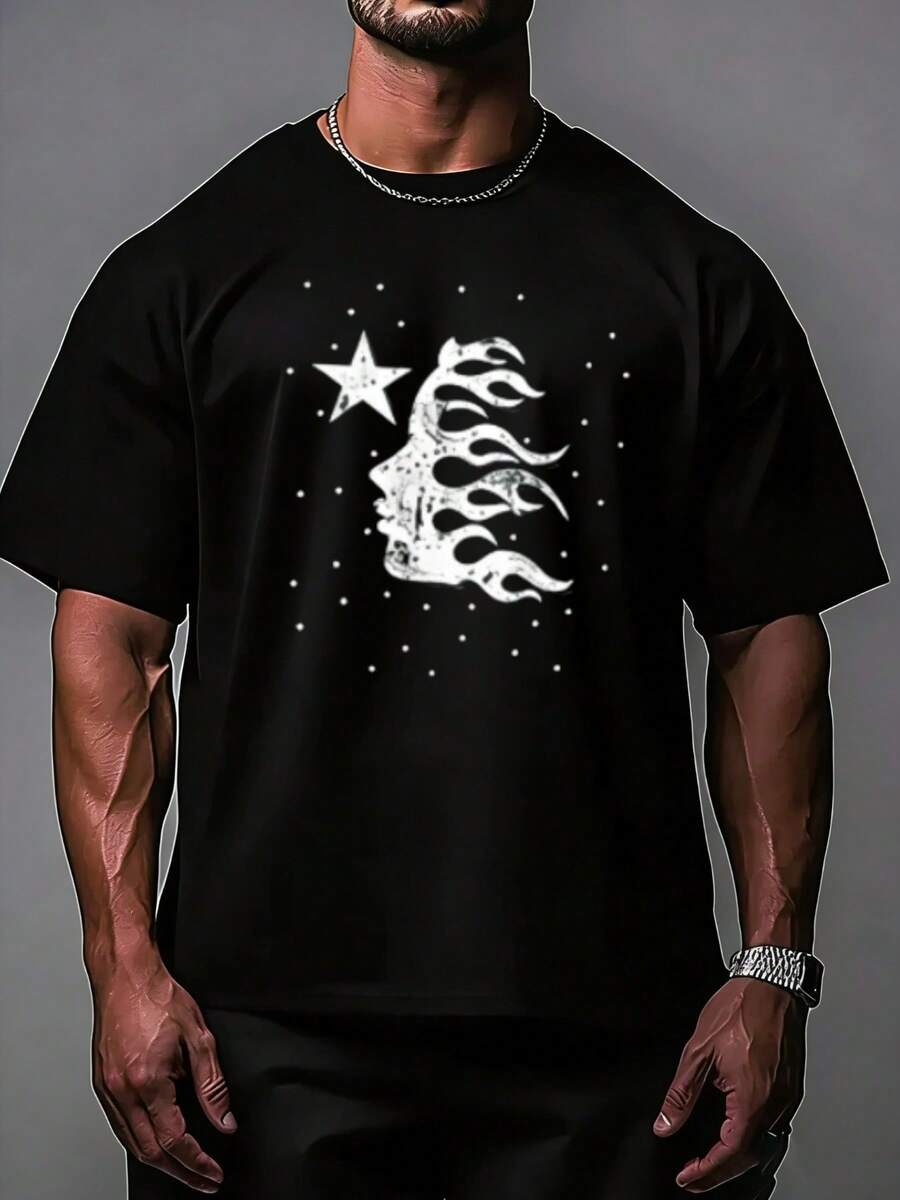 Hellstars Classic Flame Head Star Y2K Graphic T-Shirt,220g 100% Cotton,Round Neck Short Sleeve,Black Streetwear Essential For Summer Going Out,Unisex Style - 黑色 - 查看 1