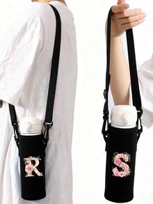 字母印花保温水瓶/水杯套，粉色玫瑰字母 A-Z 图案，可调节肩带 - 防滑套，适用于 1500ml 水瓶，适合健身、旅行，保温氯丁橡胶材质，适用于不锈钢、玻璃和塑料水瓶。 - 彩色 - 查看 6