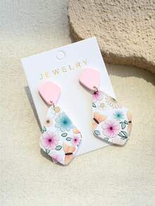 1对女士花卉蝴蝶印花浅粉色陶瓷质感优雅菱形亚克力耳环 - 彩色 - 查看 7