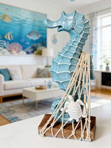 1件海岸海马装饰品，航海沙滩桌面摆件，配有渔网和海龟，质朴的木质底座海马摆件，海洋主题家居装饰，适用于浴室、客厅、卧室、海滨别墅，送给海滩爱好者的海岸风情礼物 - 海馬 - 查看 2