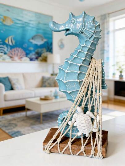 1pc Coastal Seahorse Decor, Nautical Beach Table Decor With Fishing Net & Turtle, Rustic Wood Base Sea Horse Figurines, Ocean Themed Home Decor For Bathroom, Living Room, Bedroom, Beach House, Coastal Gift For Beach Lovers