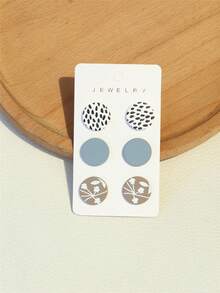 3 Pairs Polka Dot & Leaf Print Acrylic Earrings, Cute Round Earrings With Ceramic Texture For Girls - Multicolor - View 3