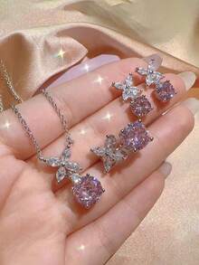 4 Pcs/Set High-End Floral Sweet Style Jewelry Set, Crystal Teardrop Design, Including Necklace, Earrings, And Ring Jewelry Set, Essential For Parties, Dates, Gifting, And Casual Wear - Pink - View 1