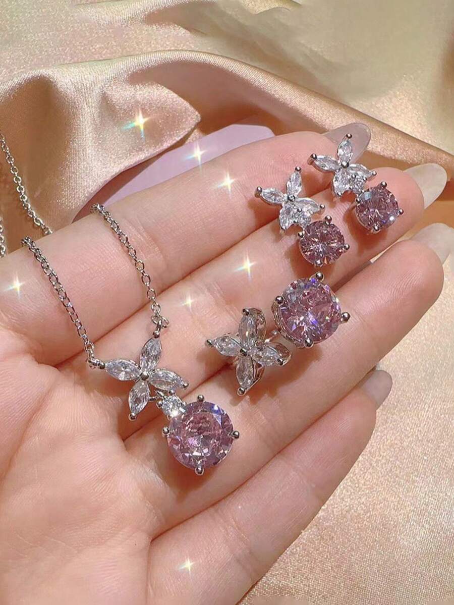4 Pcs/Set High-End Floral Sweet Style Jewelry Set, Crystal Teardrop Design, Including Necklace, Earrings, And Ring Jewelry Set, Essential For Parties, Dates, Gifting, And Casual Wear - Pink - View 1