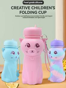 BENNY 可爱3D猫咪可折叠硅胶儿童水瓶 600ml，可折叠防漏，带登山扣 | 开斋节礼物、斋月特惠、返校季礼物、复活节礼物篮礼物、圣诞节礼物（适合女孩、男孩、幼儿） - 彩色 - 查看 2