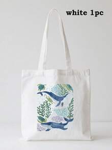 海洋生物印花帆布手提袋，轻便可重复使用，适合泳池度假日常必备 - 彩色 - 查看 16