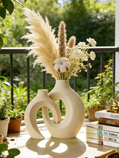 Bộ 2 bình hoa nhựa giả đá sa thạch, kiểu dáng tối giản hình tròn rỗng, trang trí nhà phong cách Boho cho phòng khách, bàn ăn, kệ, lối vào và sân hiên, quà tặng tân gia lý tưởng, điểm nhấn hiện đại cho bàn cà phê và bàn làm việc, hoàn hảo để cắm cỏ lau và hoa khô.