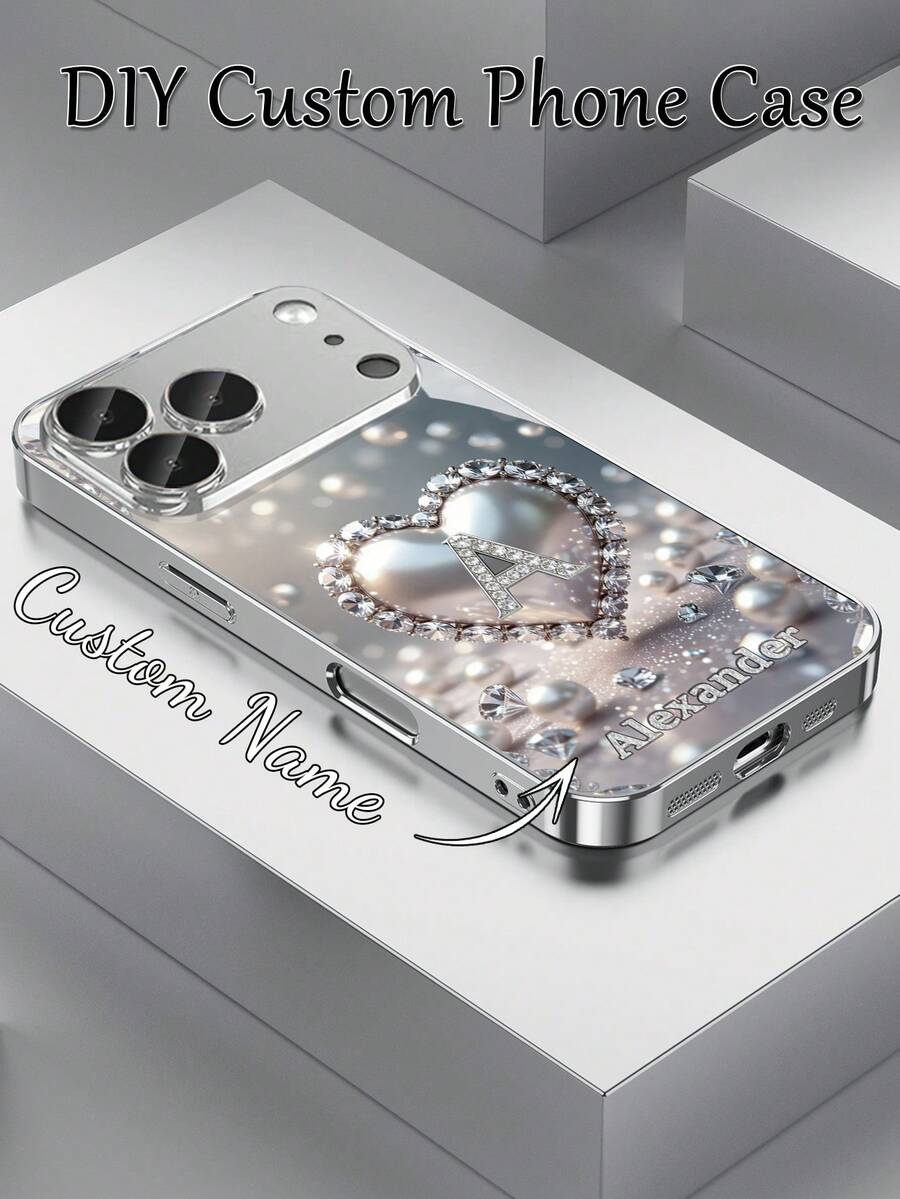1 buah Casing Ponsel Kaca Perak Berlapis Elektroplating Definisi Tinggi dengan Nama Kustom, Hiasan Hati Mutiara Imitasi Perak & Berlian Imitasi, Kompatibel dengan Apple 17 Pro Max/16 Pro Max/15 Pro/14 Plus/13 Pro/12 Pro Max/11/Xs Max/8/7/6 Plus, S24 Ultra/S25 Ultra, Modis, Berwarna-warni, Lucu, Menyenangkan, Minimalis, Casing Ponsel untuk Hari Ibu, Hari Ayah, Pelindung Ponsel, Aksesori Ponsel, Casing Ponsel Kustom - Perak - View 1