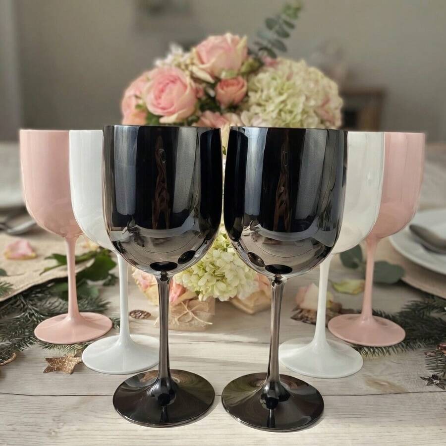 Ly rượu vang chân đế bằng nhựa 16oz, không vỡ/chống vỡ, có thể tái sử dụng, an toàn thực phẩm, dùng được trong máy rửa chén, thích hợp cho sinh nhật và tiệc tùng (Hồng, Đen, Trắng) - Xem 1