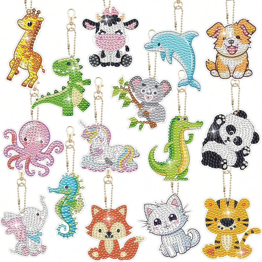 15pcs Diamond Painting Animal Keychain Kit, DIY Round Diamond Art Craft, Acrylic Artwork, With Accessories And Tools, Beginner DIY Handmade, Decorative Gift - View 1