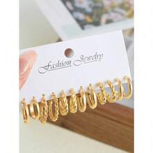 Set Of 12 Fashionable Faux Pearl Geometric & Twisted Hoop Earrings For Women, Multiple Styles Mixed Combo Pack, Minimalist Elegant All-Match Design, Lightweight Comfortable For Daily Wear Office Dating Party Banquet Holiday, Ideal Gift For Girlfriend Wife Mom Friends On Birthday Valentine's Day Mother's Day Christmas,  Female Ear Jewelry Set For Various Occasions - 金黃色 - 查看 7