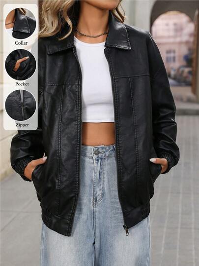 Women Faux Leather Jacket Oversized Motorcycle Bomber Coats Fashion Biker Streetwear Outfits