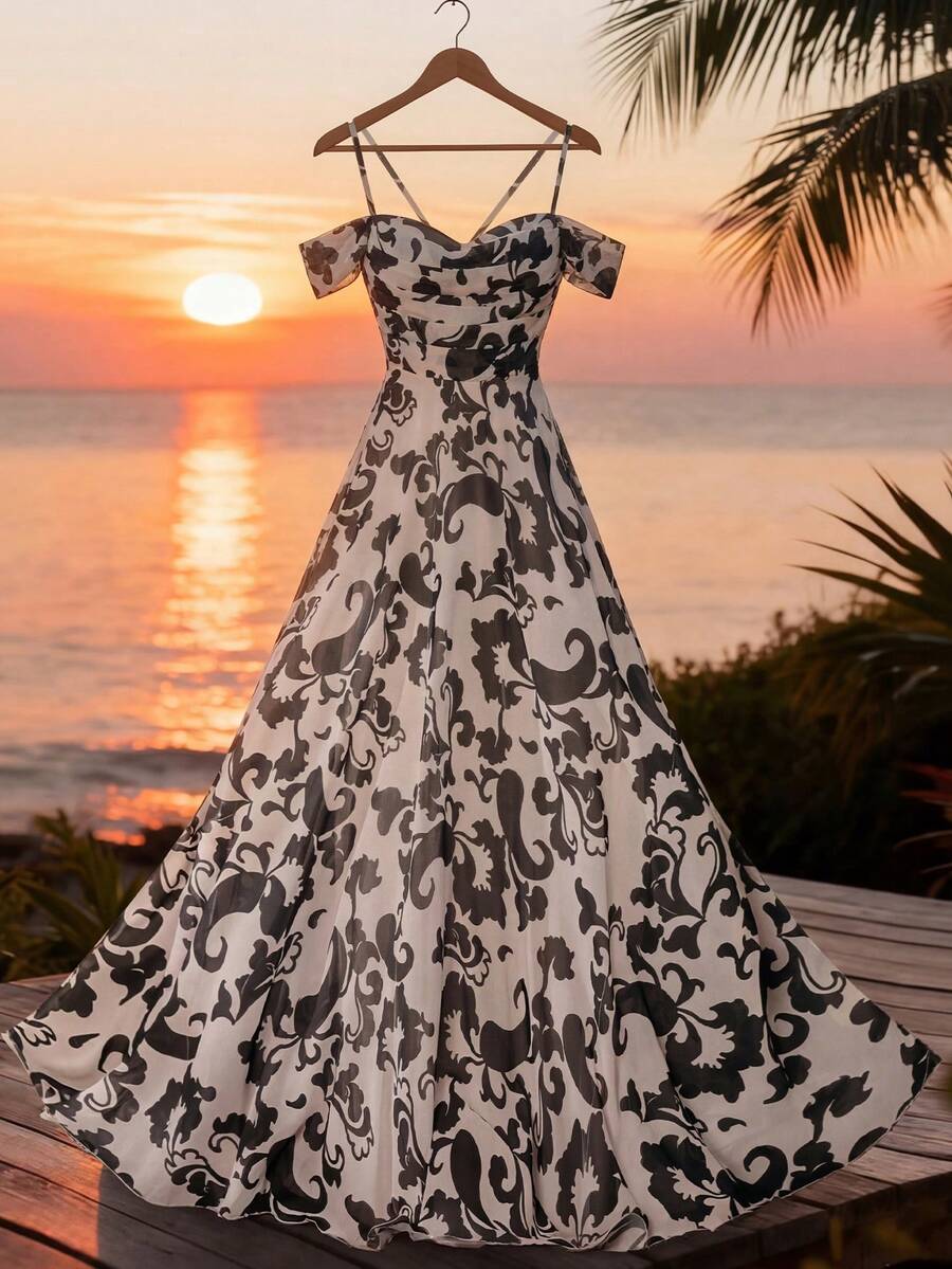 Faeriesty Vestido maxi de hombros abiertos elegante para mujer: Vestido ajustado con estampado floral, espalda cruzada, tirantes de espagueti y volantes escalonados en el bajo, con tirantes ajustables - Perfecto para sesión de fotos nupcial, invitada de boda de jardín, celebración de aniversario, escapada romántica, fiestas formales de primavera en interiores, color negro - Negro - Ver 1