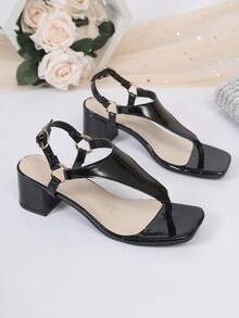 新款欧美风简约方头粗跟凉鞋，女士休闲趾柱搭扣一体式绑带日常通勤沙滩度假露趾凉鞋 - 黑色 - 查看 5