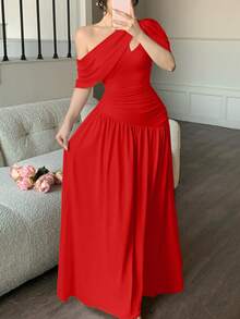 abyoxi Women's Red Ruched Waist Fitted Flare Dress, Elegant & Fashionable, Suitable For Party, Date, Holiday, Wedding, Formal Occasion, Banquet, Teacher's Day, Mother's Day, Graduation Ceremony, Stretchy Bodycon Long Dress For Spring & Summer - Red - View 5