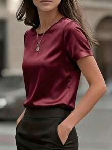Women's Elegant Round Neck Satin Short Sleeve Blouse, Suitable For Spring And Summer - Red - View 4