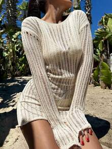 2026 Spring/Summer New Women's Casual Elegant Street Style Beach Party Vacation Knit Off-Shoulder Pullover Top, Women's Spring, Women's Vacation Wear, Summer Vacation, Y2K Style, Women's Casual, Women's Vacation, Women's Beach - Apricot - View 8