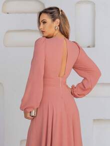 Long Rose-Colored Party Dress With Wrap Neckline And Long Sleeves - Helena NM Nana Marie - 乾枯玫瑰色 - 查看 4