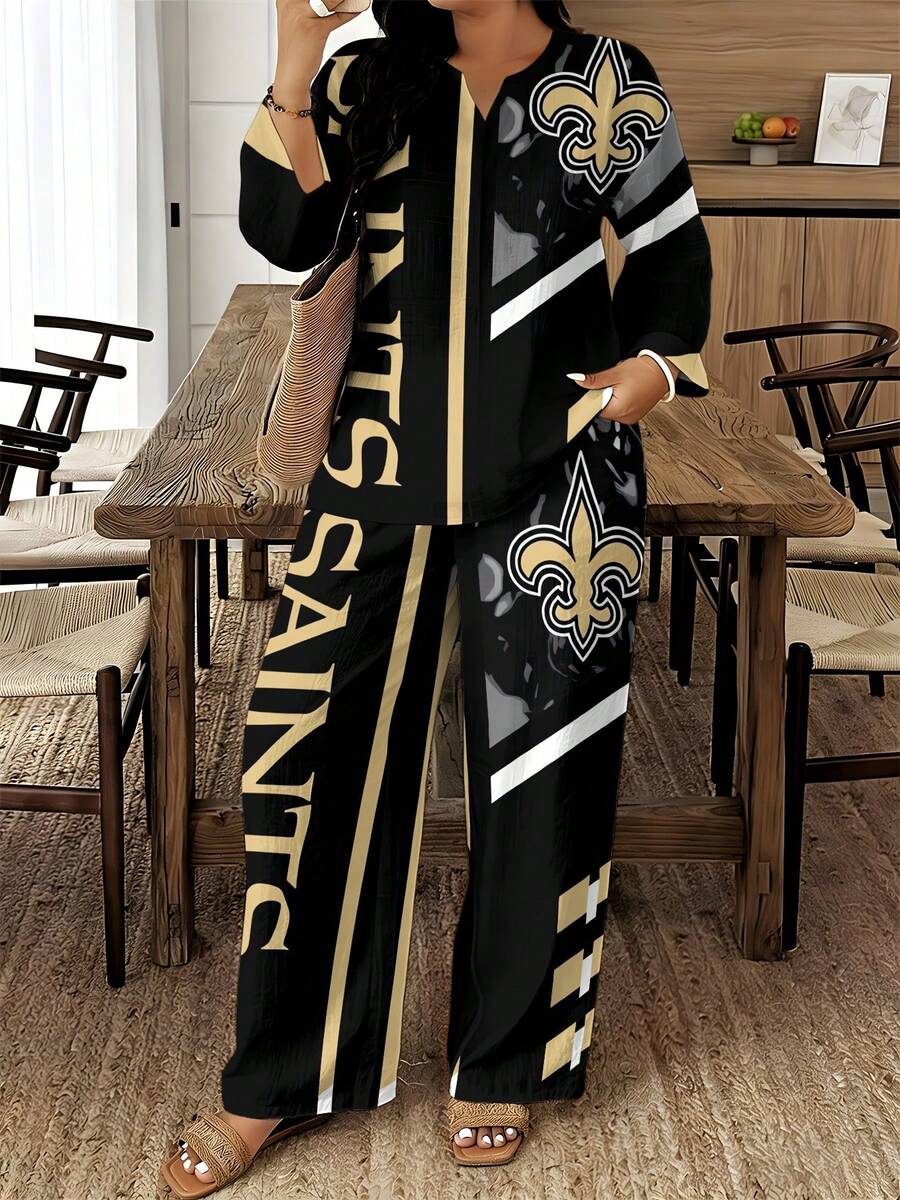 N-F-L N-Ew Orleans Saints Summer Plus-Size Sharp-Collar Short-Sleeve Long-Pants Set For Women, Slightly Plump-Friendly, Breathable And Skin-Friendly, Lazy Matching Set, Friendly Outfit For Formal Gatherings & Outdoor Looks, Available In Sizes S-4XL - 混合色 - 查看 1