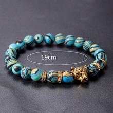 男士时尚朋克风金色豹头手链，蓝色做旧火山熔岩石手链饰品 - 彩色 - 查看 3