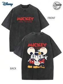 Disney Officially Official Licensed  Mouse " And Friends" Double-Sided Vintage Washed 230g T-Shirt Unisex - 黑色 - 查看 1