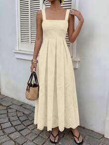 Womens Sleeveless Maxi Summer Dresses 2026 Hollow Out Eyelet Square Neck Ruffle Flowy Beach Vacation Sundress - 米色 - 查看 4