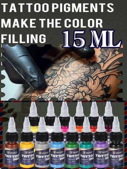 yikexuanli 15毫升纹身墨水瓶，8色/14色纹身墨水，色彩组合丰富，标准纹身颜料，色彩浓郁鲜艳，适合勾线和上色，是专业纹身师和家庭纹身爱好者的理想选择，适用于人体彩绘和纹身上色。