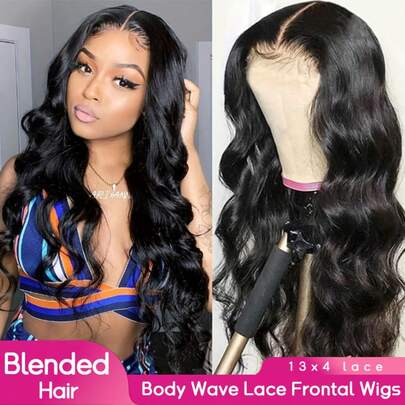 PQL 34英寸水波纹蕾丝前假发，真人混纺发丝，预先拔毛，13x4高清透明蕾丝前假发，无胶真人混纺发丝假发，水波纹真人混纺发丝假发，女士款，200密度，自然黑