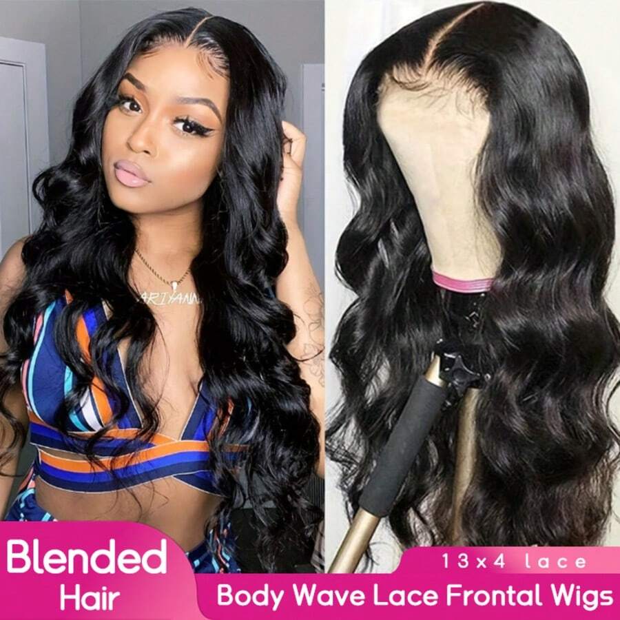 PQL 34英寸水波纹蕾丝前假发，真人混纺发丝，预先拔毛，13x4高清透明蕾丝前假发，无胶真人混纺发丝假发，水波纹真人混纺发丝假发，女士款，200密度，自然黑