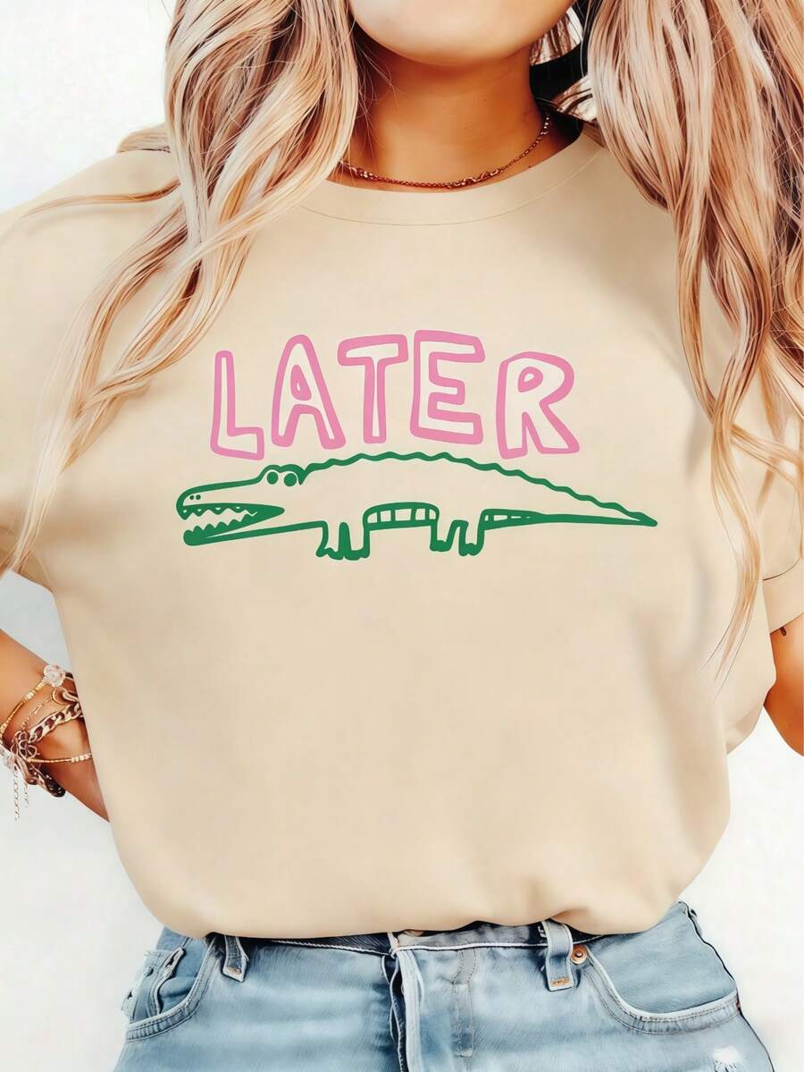 Women's Funny Later Gator T-Shirt - Sarcastic "Later" Crocodile Graphic Tee In White & Pink - Lightweight Everyday Shirt For Women - Machine Washable Casual Top, Allseason Apparel, Playful Graphic Shirt, Comfortable Fit ShirtBreathable All-Season Round Neck Printed T-Shirt - 杏色 - 查看 1