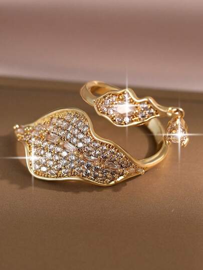 1pc Glamorous Leaf Temperament Rings Elegant Inlay Cubic Zirconia Wedding Water Drop Ring For Women Engagement, Music Festivals, Party, Travel And Jewelry Gift