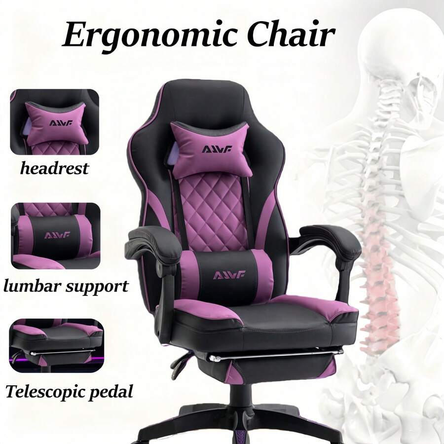Adjustable Gaming Chair, Comfortable & Soft Office Chair With Headrest And Lumbar Support, Suitable For Work, Rest And Leisure - Purple - View 1