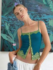 Women's Lace-Trimmed Button-Front Cami Top - Slim Fit, Spaghetti Straps, Sleeveless Summer Tank - Ideal For Everyday Wear, Dinner Dates, Outdoor Dining, Champagne Bars, Girls' Gatherings, Rooftop Bars, And Vacations. - Màu xanh lam - Xem 3