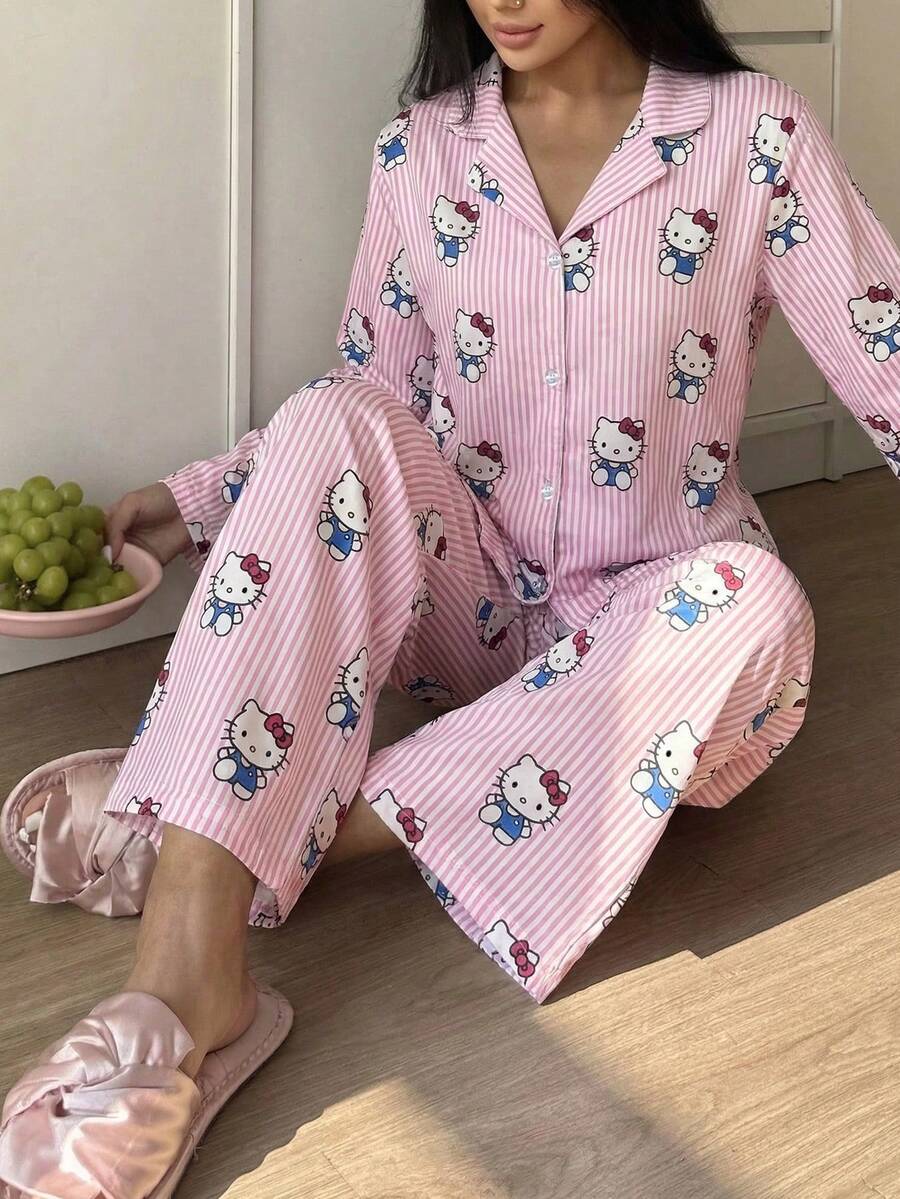 SANRIO 2pcs Women's Casual Striped Loungewear Set, Pajama Set - Pink - View 1