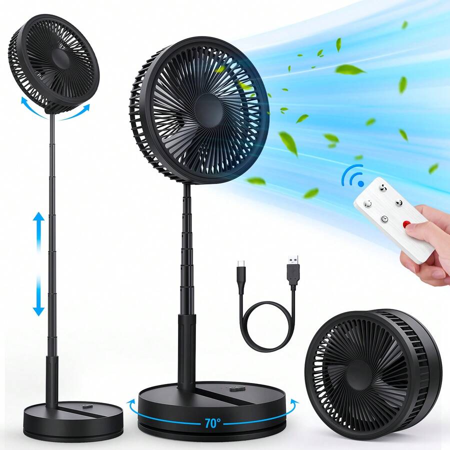 9 Inch Portable Foldable Oscillating Fan, 7200mAh Rechargeable Desk Fan With Remote, USB-C Quiet Standing Fan For Bedroom Home Travel Camping