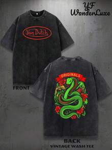 Men Washed Cotton Streetwear Brand Originals Vons Dutchs Snake And Clover Print Casual Tee For Daily Wear Outdoors | Front And Back Print | Vintage Heavyweight T Shirt | Perfect Gift | Loose Comfortable Breathable | Machine Washable Fabric | Hip Hop Cool Style | Drippy Clothes | Y2K - 黑色 - 查看 2